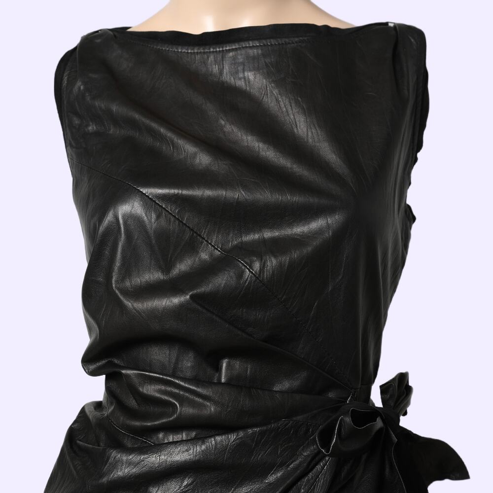 DIANE VON FURSTENBERG Black Leather Mini Sheath Della Dress w/ Side Tie Belt - Picture 2 of 9
